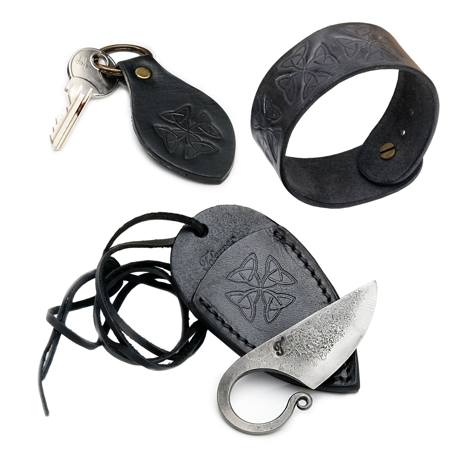 Ensemble unique - couteau celtique C1 forgé avec fourreau, bracelet et porte-clés