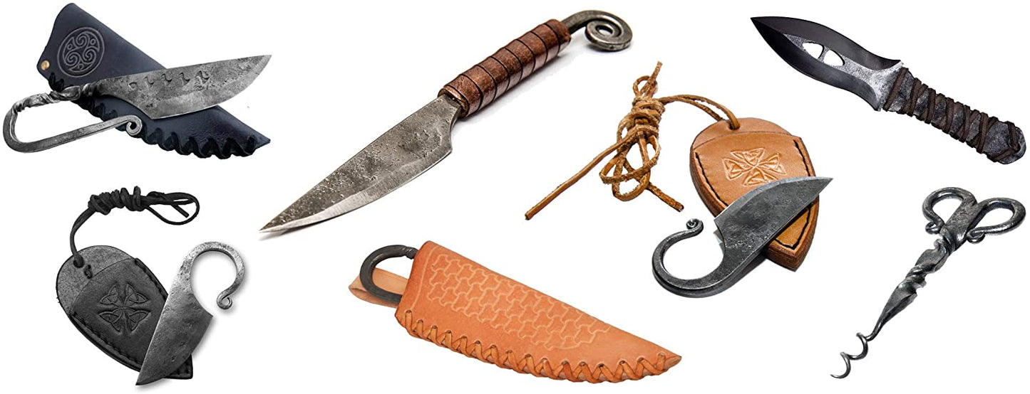 Unique set - forged C3 Celtic knife with scabbard, bracelet and key ring