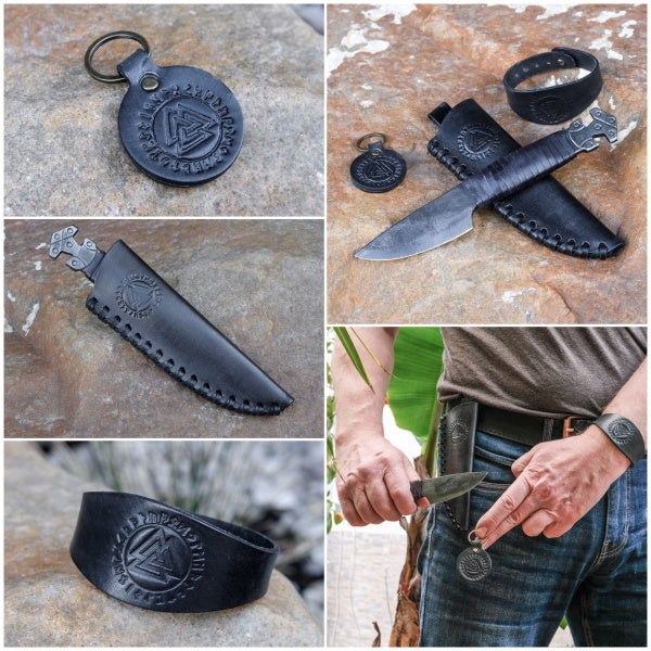 Unique set - forged Celtic Thor knife with scabbard, bracelet and key ring