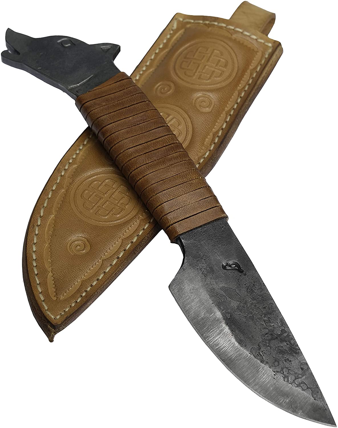 Couteau celtique forgé Tête de loup avec fourreau