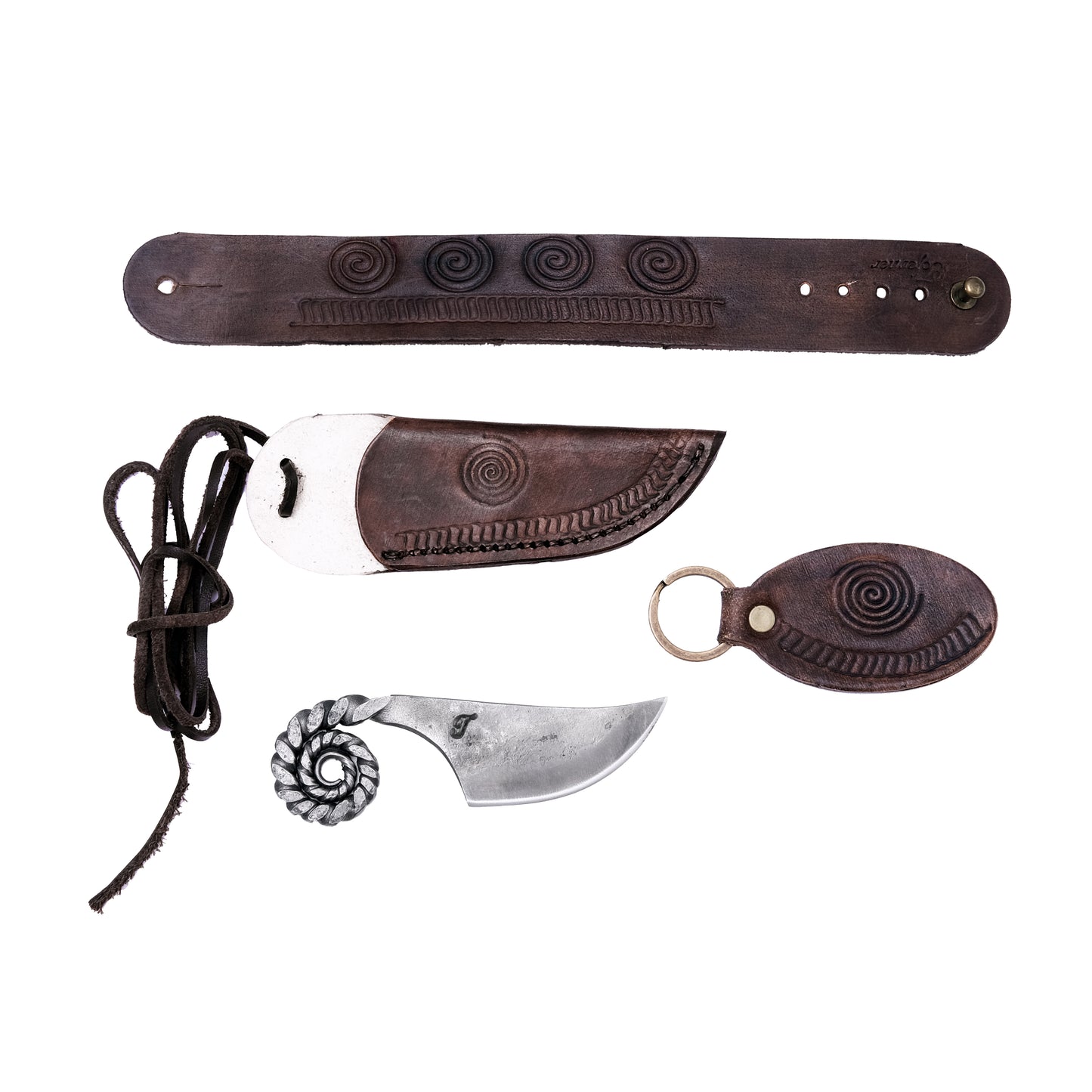 Ensemble unique - couteau celtique forgé Mini bélier avec fourreau, bracelet et porte-clés