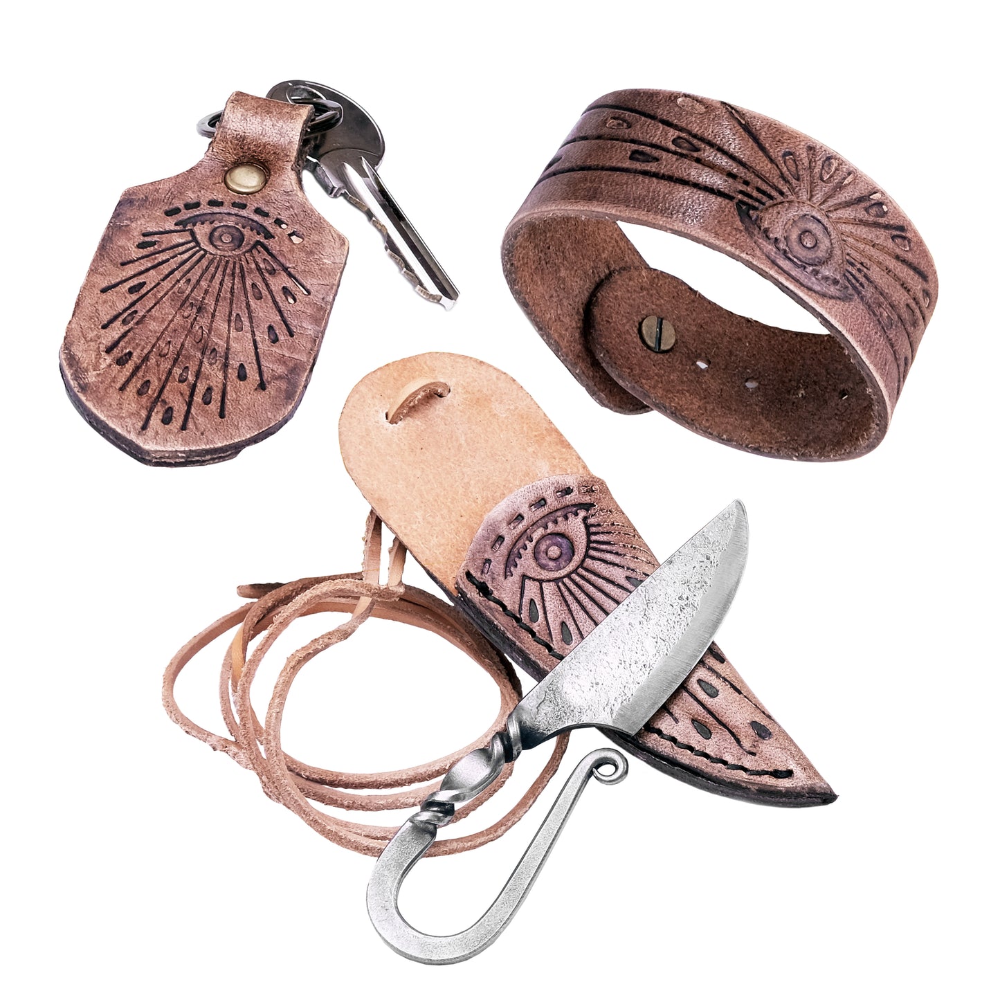 Unique set - forged C3 Celtic knife with scabbard, bracelet and key ring