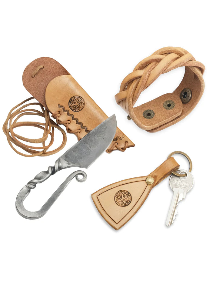 Unique set - forged Celtic BÉL knife with sheath, bracelet and key ring