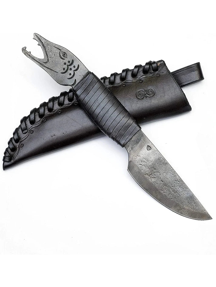 Couteau Celtique Forgé Tête de Poisson avec Fourreau