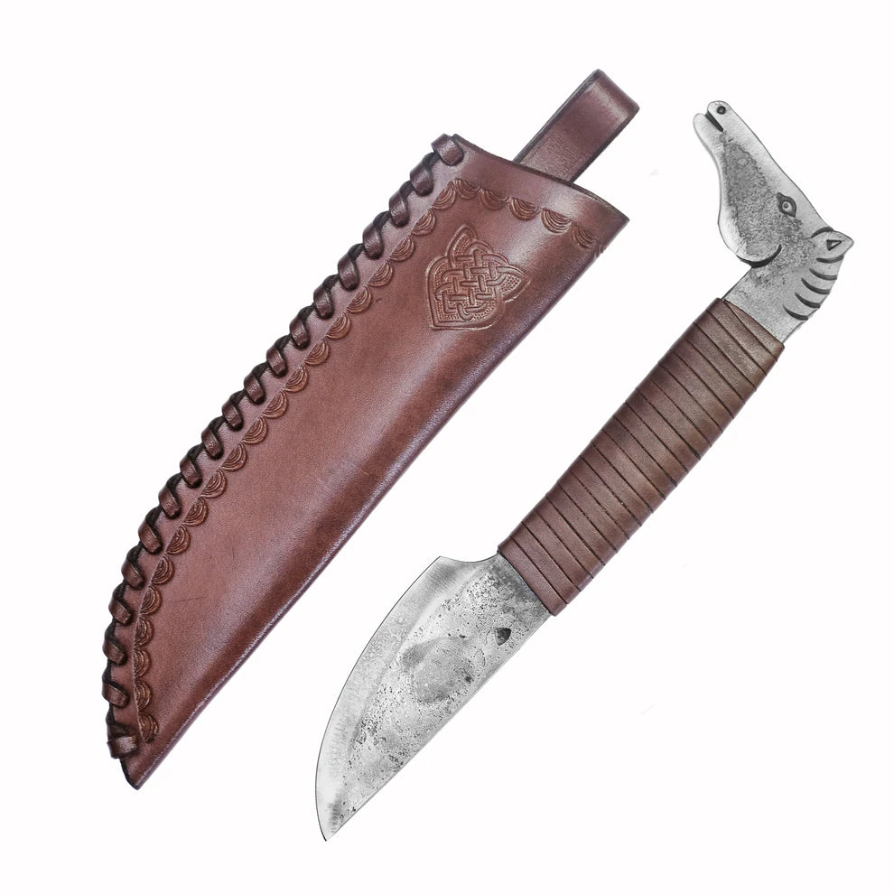 Kovaný vikingský nůž Koňská hlava s pochvou