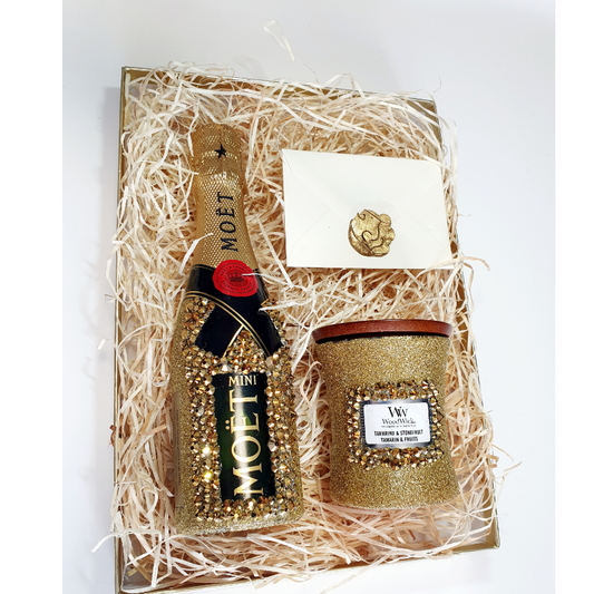 Moët & Chandon Brut Imperial MINI with rhinestones + WoodWick Tamarin & Fruits candle